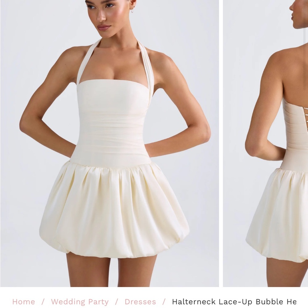 LUDMILA
Halterneck Lace-Up Bubble Hem Corset Micro Mini Dress in Ivory